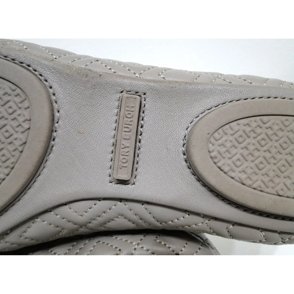 Tory Burch Minnie Travel Ballet Flats Quilted Leather Taupe Grey Gold Logo